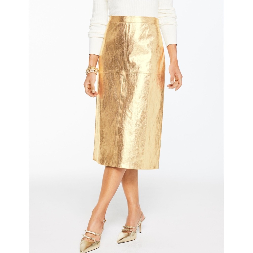 Talbots Metallic Faux Leather Midi Skirt Womens 18 Gold NEW Crinkle Pencil Skirt